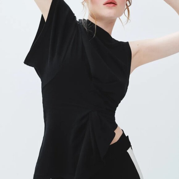 A.W.A.K.E. Mode Knotted Jersey Top Black Asymmetrical Short Sleeve Crop Medium M - Picture 3 of 8